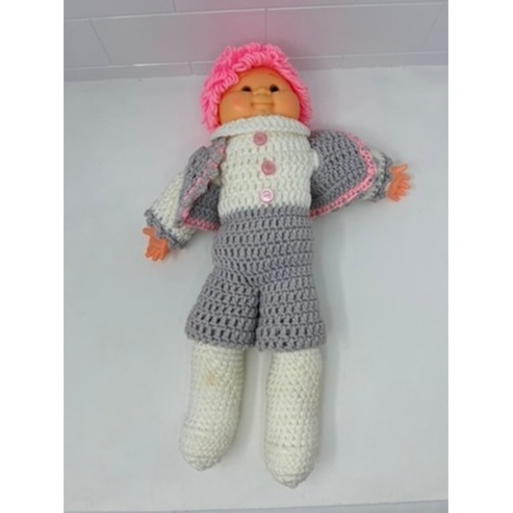 Vintage Handmade Crochet Doll Pink Yarn Hair Grey White Outfit Plastic Face 18in
